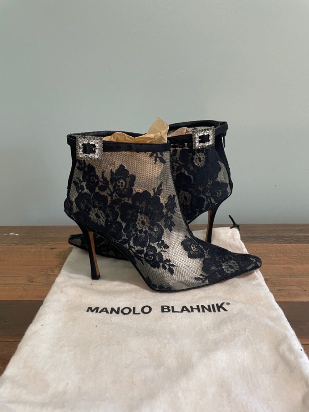 Manolo Blahnik Black Lace Ankle Booties with Crystal Buckles